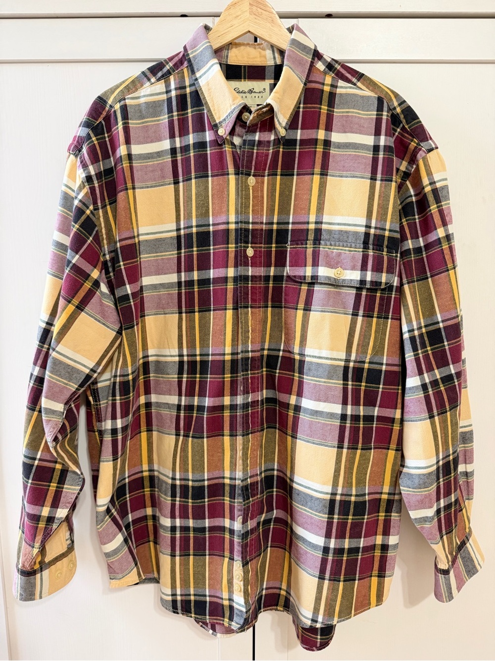 Eddie Bauer Yellow and Burgundy Plaid Button-Down Shirt L